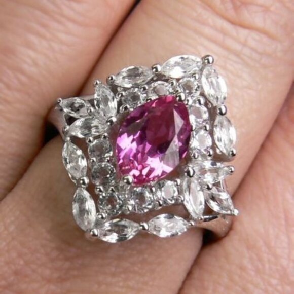 3.20CT Pink Sapphire & White Topaz SILVER Ring 7 - Picture 4 of 8